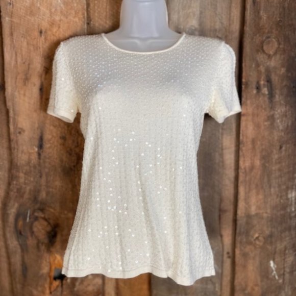Oscar De La Renta Silk Knitted Beaded Sequin Short Sleeve Top,  Size Petite - Picture 1 of 16